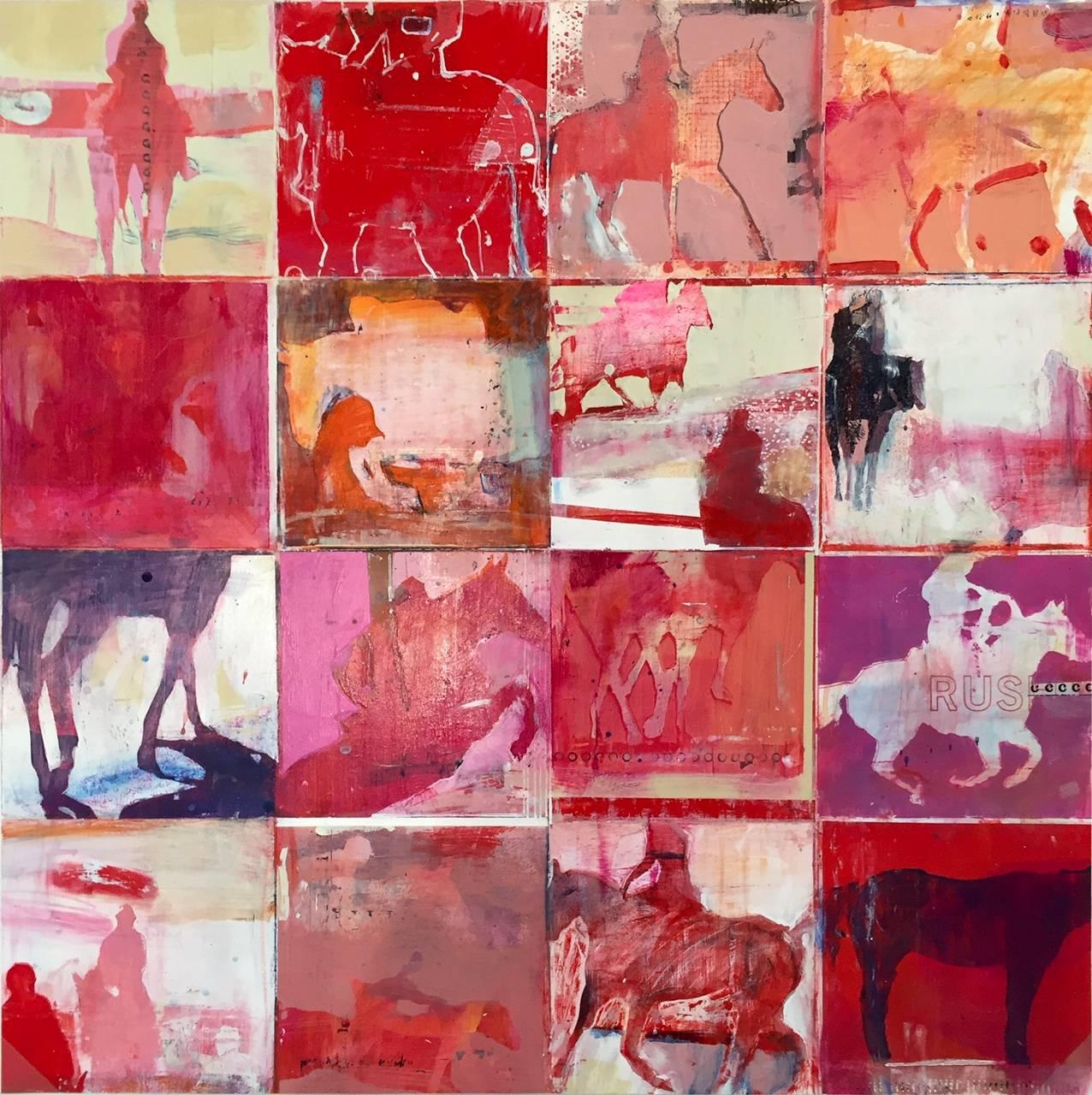 Kim Frohsin Animal Painting - Reds In Overdrive: Horse Grid / original large acrylic painting