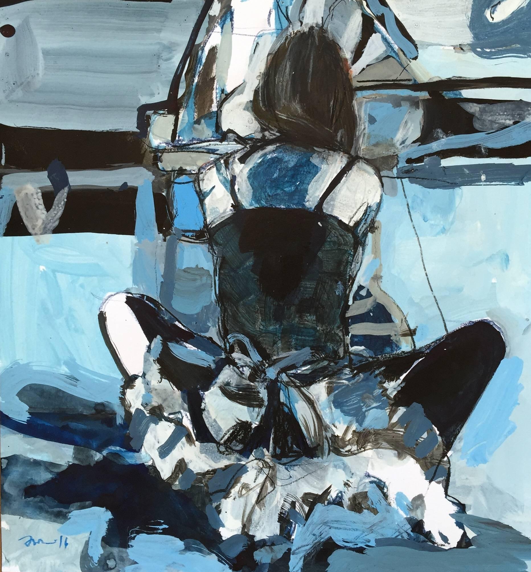 Kim Frohsin Figurative Painting - Ash / mixed media acrylic painting on paper in blue