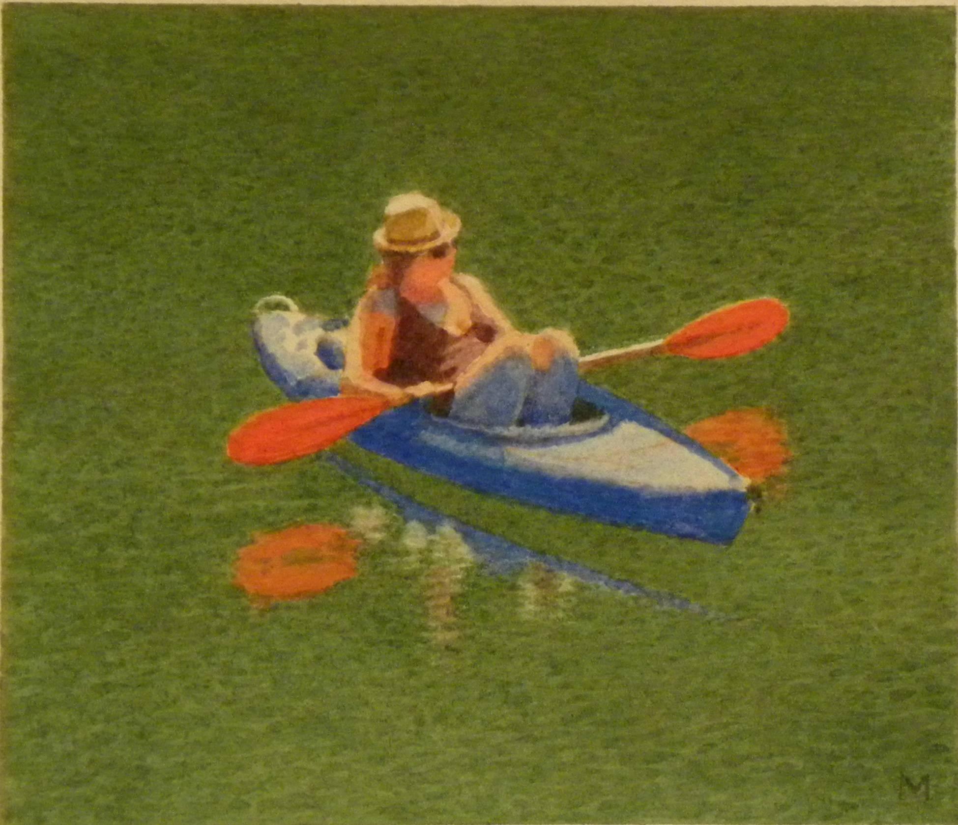 Figurative Art Mary Robertson - Girl in Blue Kayak (Jeune fille en bateau bleu)