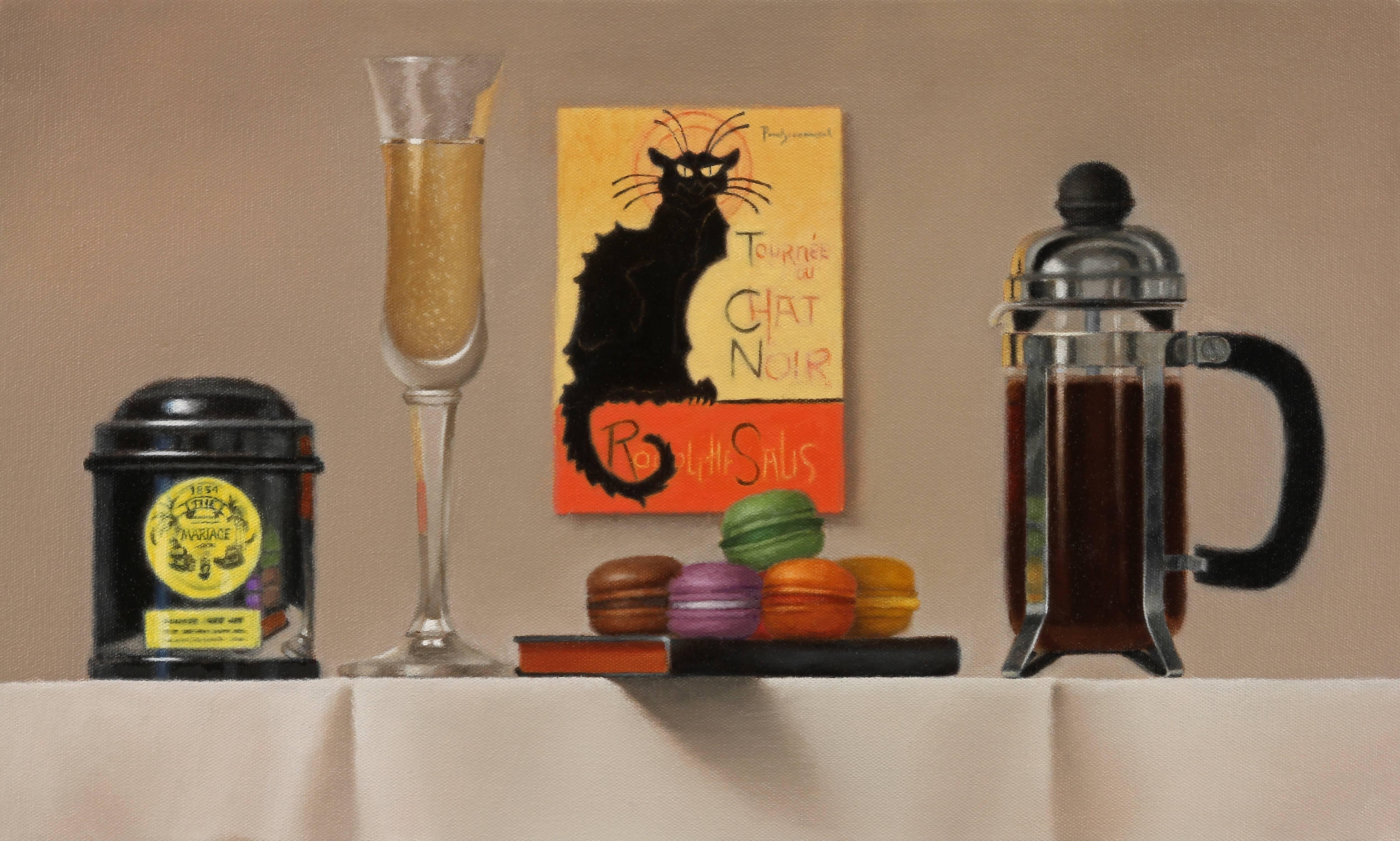 Mimi Jensen Still-Life Painting - Paris / oil on linen with coffee and black cat