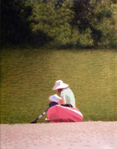Woman and Red Kayak / figurative oil on canvas