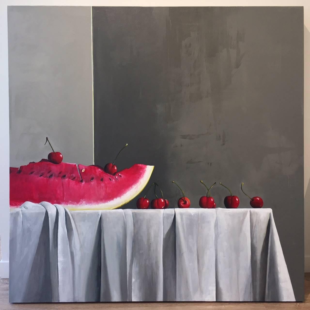 When Life is Still / watermelon and cherries - Magic Realism - Gray Still-Life Painting by Stephen Namara