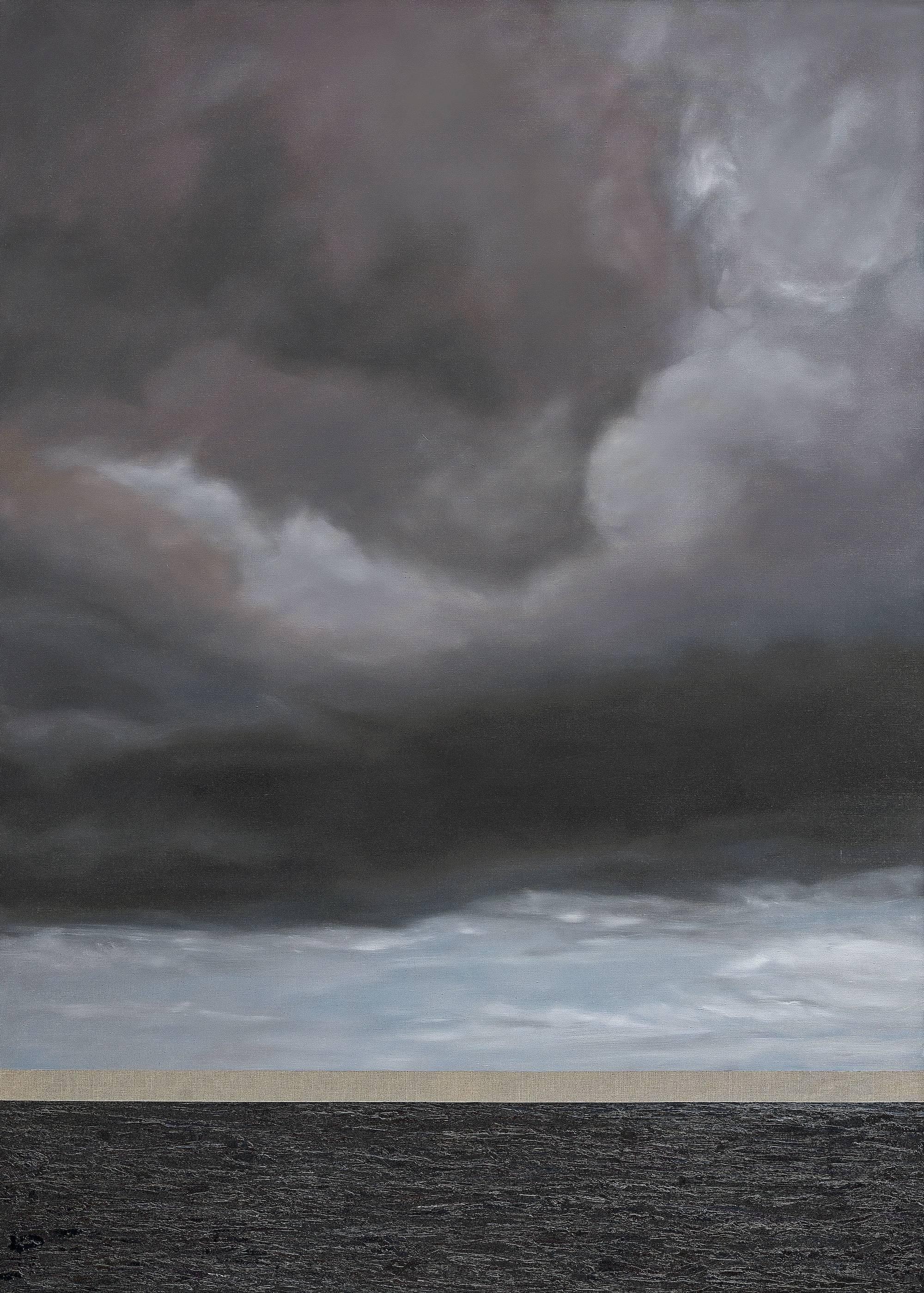 Frédéric Choisel Abstract Painting - ELPIS / Hope - oil on linen, 84 x 60 inches - clouds, sea, water, grey, indigo