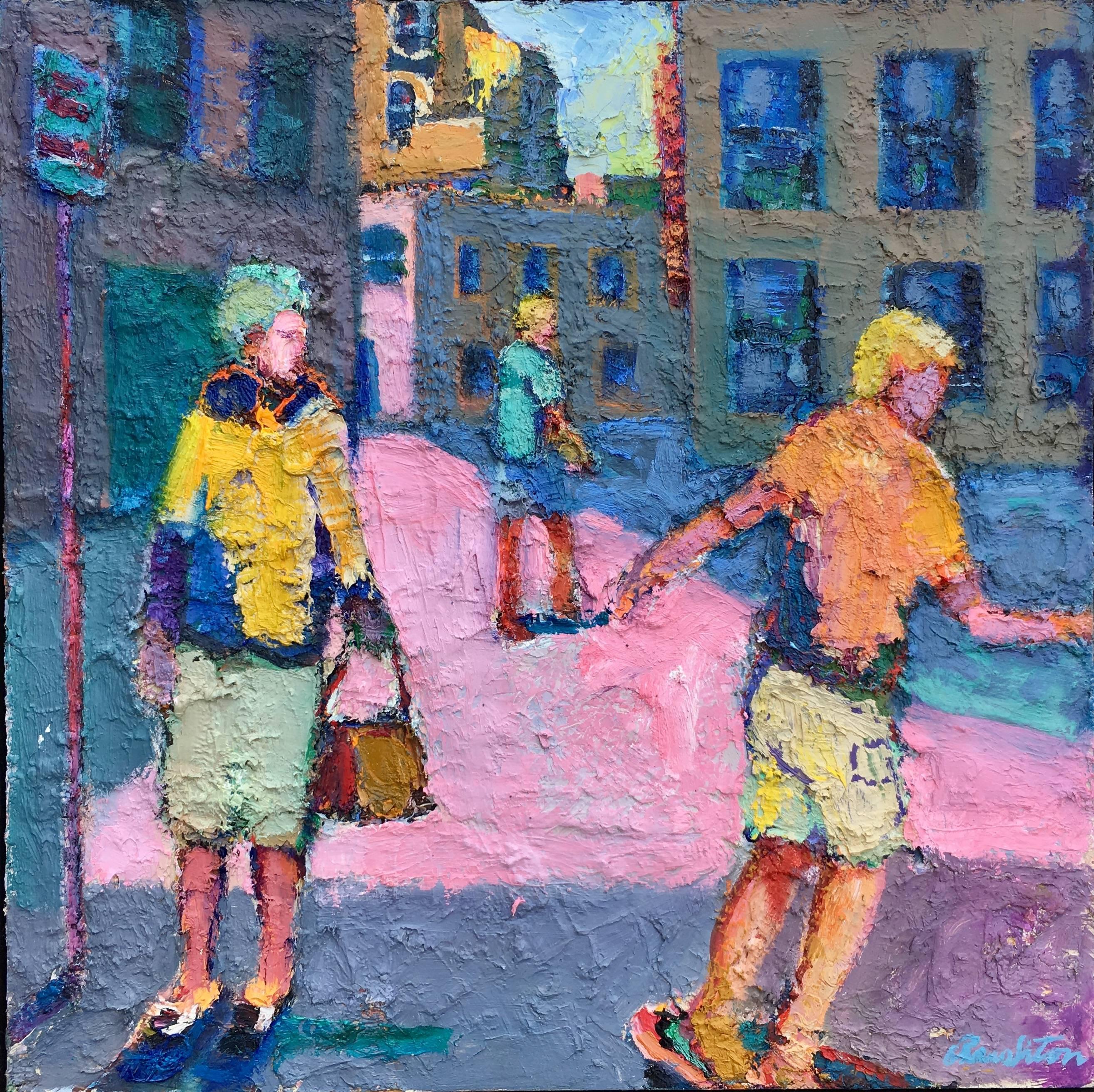William Rushton Figurative Painting - Bus Stop / oil on board - figurative pink