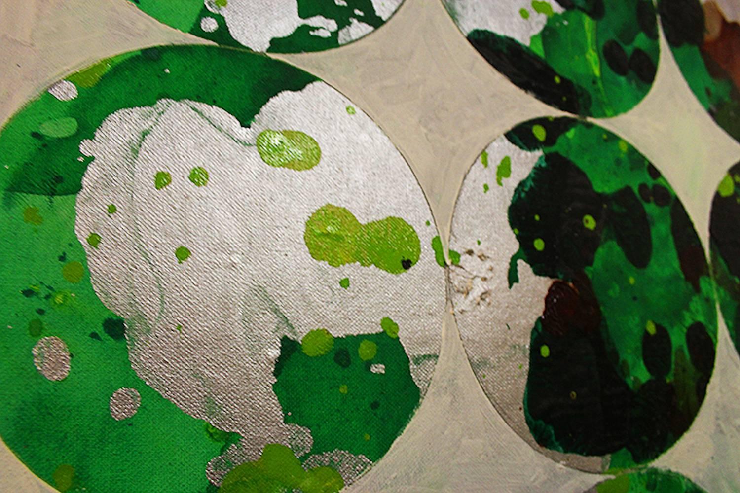 The Diamonds for the Trees / silver & green oil painting - Green Abstract Painting by Erin Parish