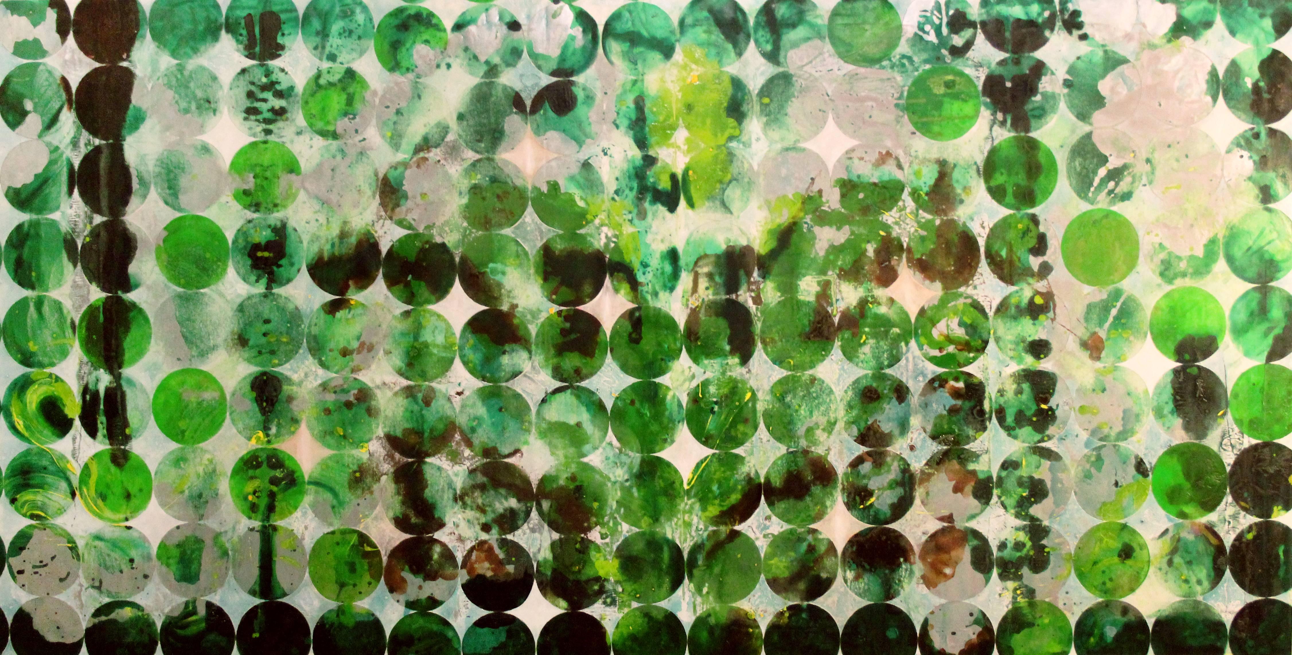 The Diamonds for the Trees / silver & green oil painting - Contemporary Painting by Erin Parish