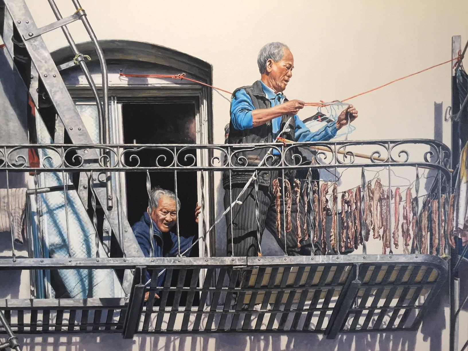 Rigging the Line / realismo figurativo Chinatown pittura iperreale - Still-Life Painting Beige di Lynette Cook