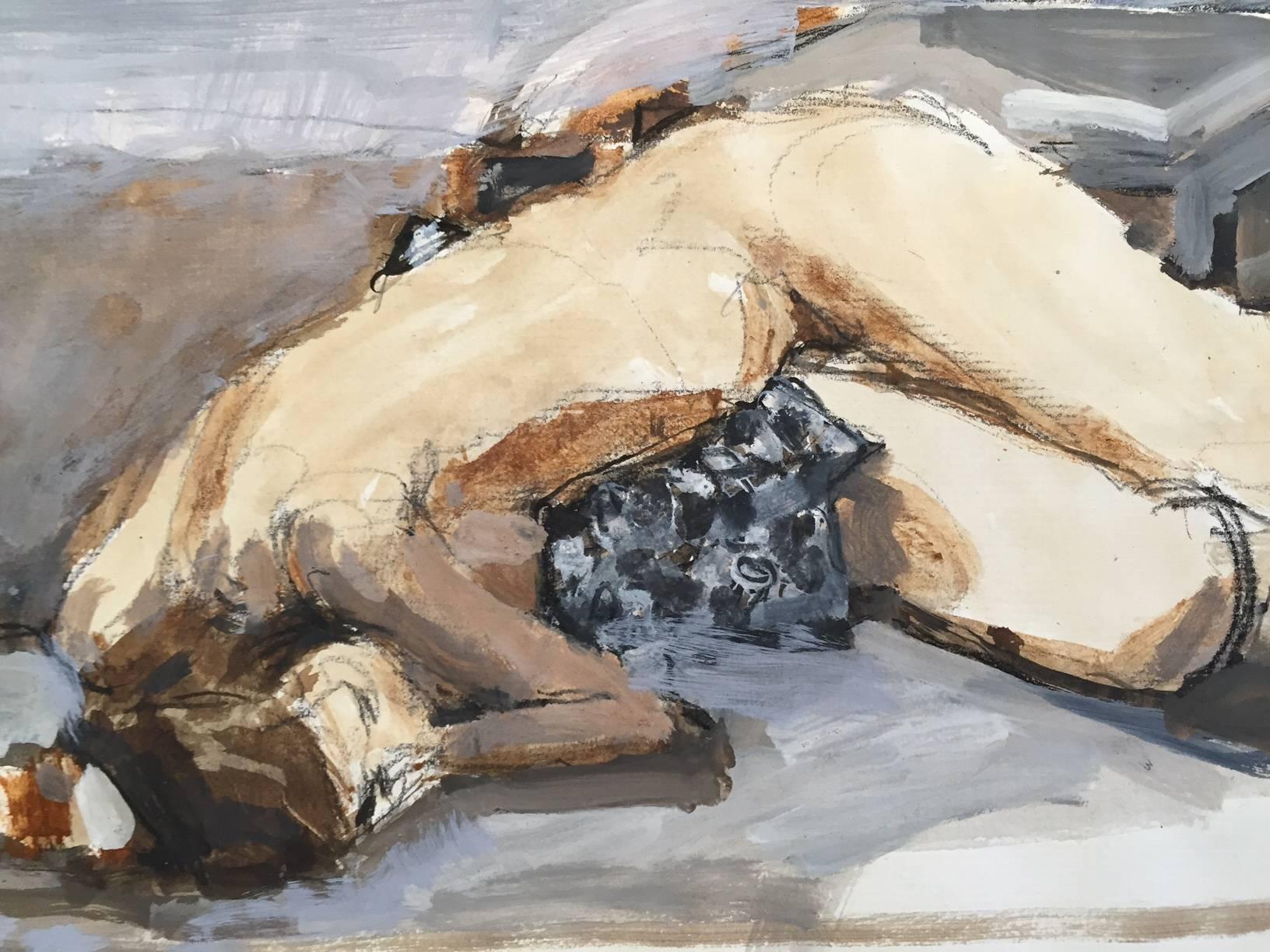Original acrylic mixed media painting on laid cream paper from 2011 in excellent condition. Sleeping female figure in grey and rust with stripes. 
Signed and dated on the front lower left and dated and titled on the verso. Painting is 11 x 14 3/4