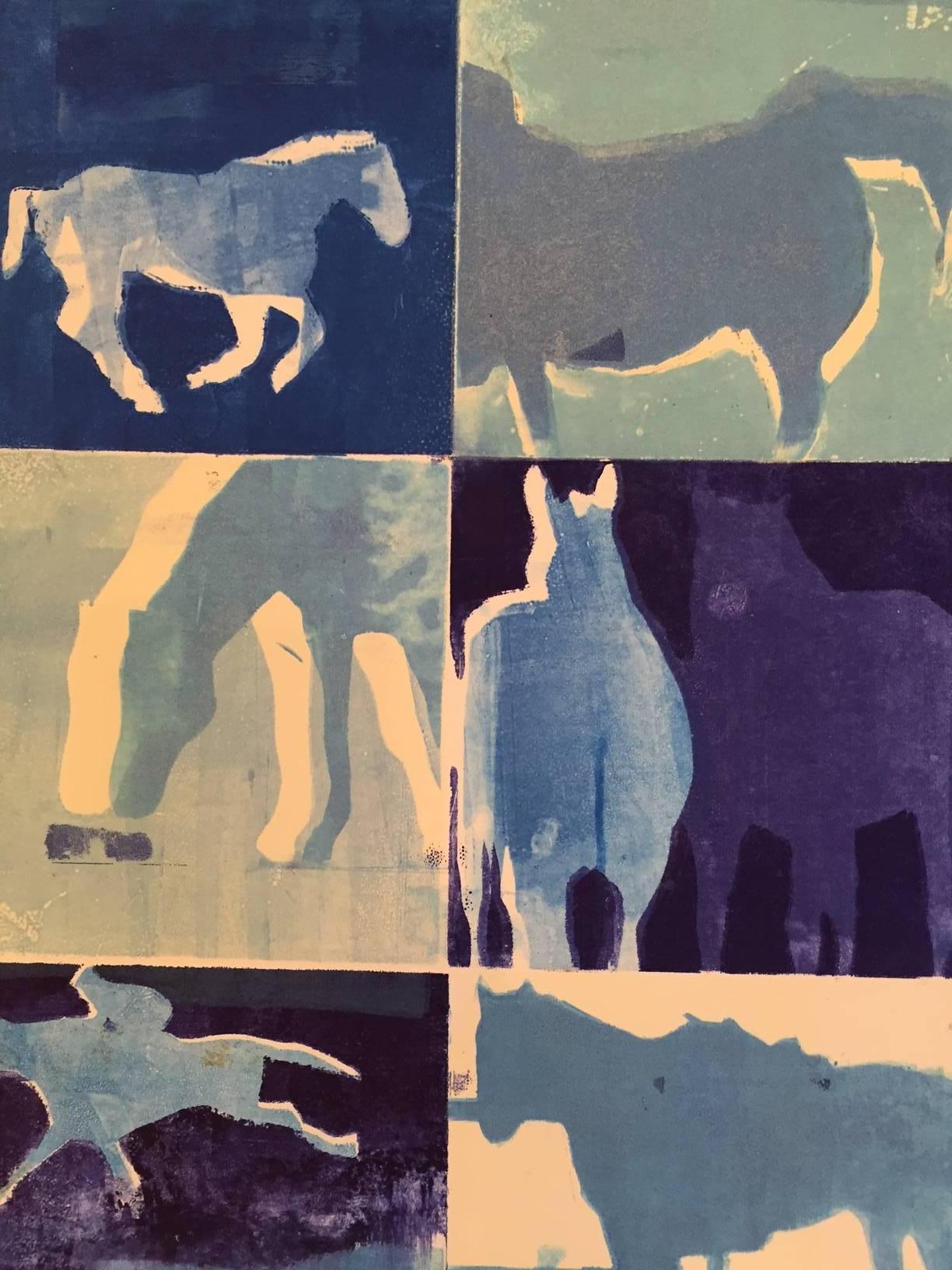 Blue Horse Grid - Contemporary Print by Kim Frohsin