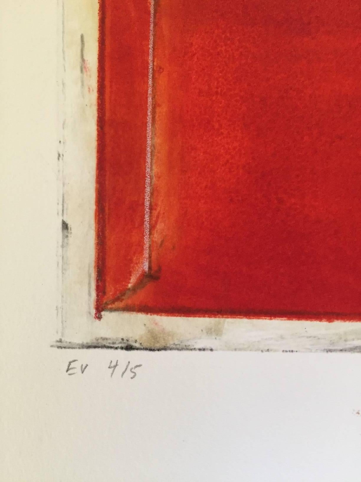 Red envelopes monotype EV —edition variée. ed 4/5. The plate is 17 x 11 inches and the overall paper dimension is 27 x 18 inches, featuring a composition of nine red envelopes. Matting or framing is available for an additional charge.  Frohsin