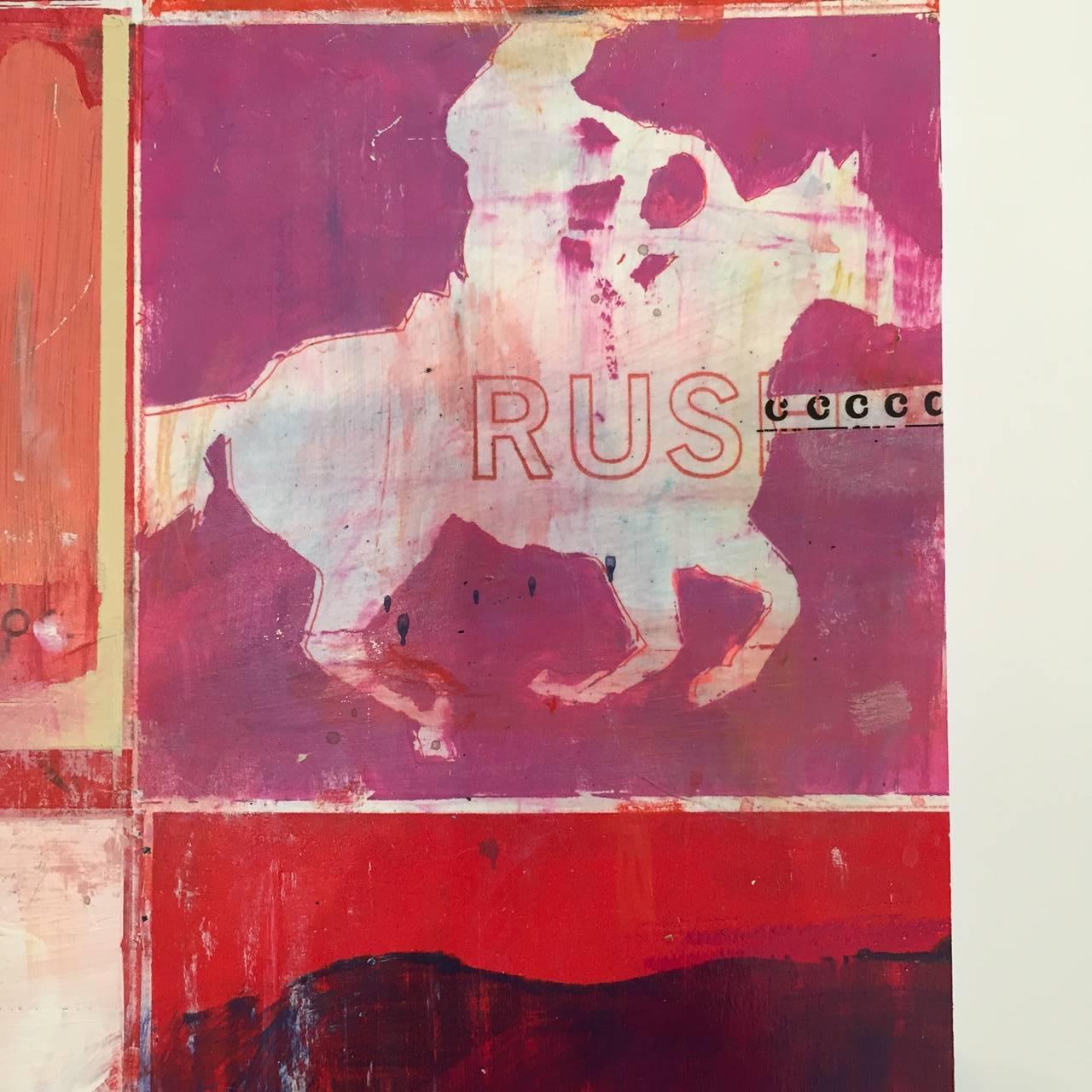 'Reds in Overdrive' from Frohsin's Horse Grid series is vibrant and lively, in reds pinks and purples. The work features horses walking, galloping, jumping and standing. The painting can be framed courtesy of the gallery. Please make your framing