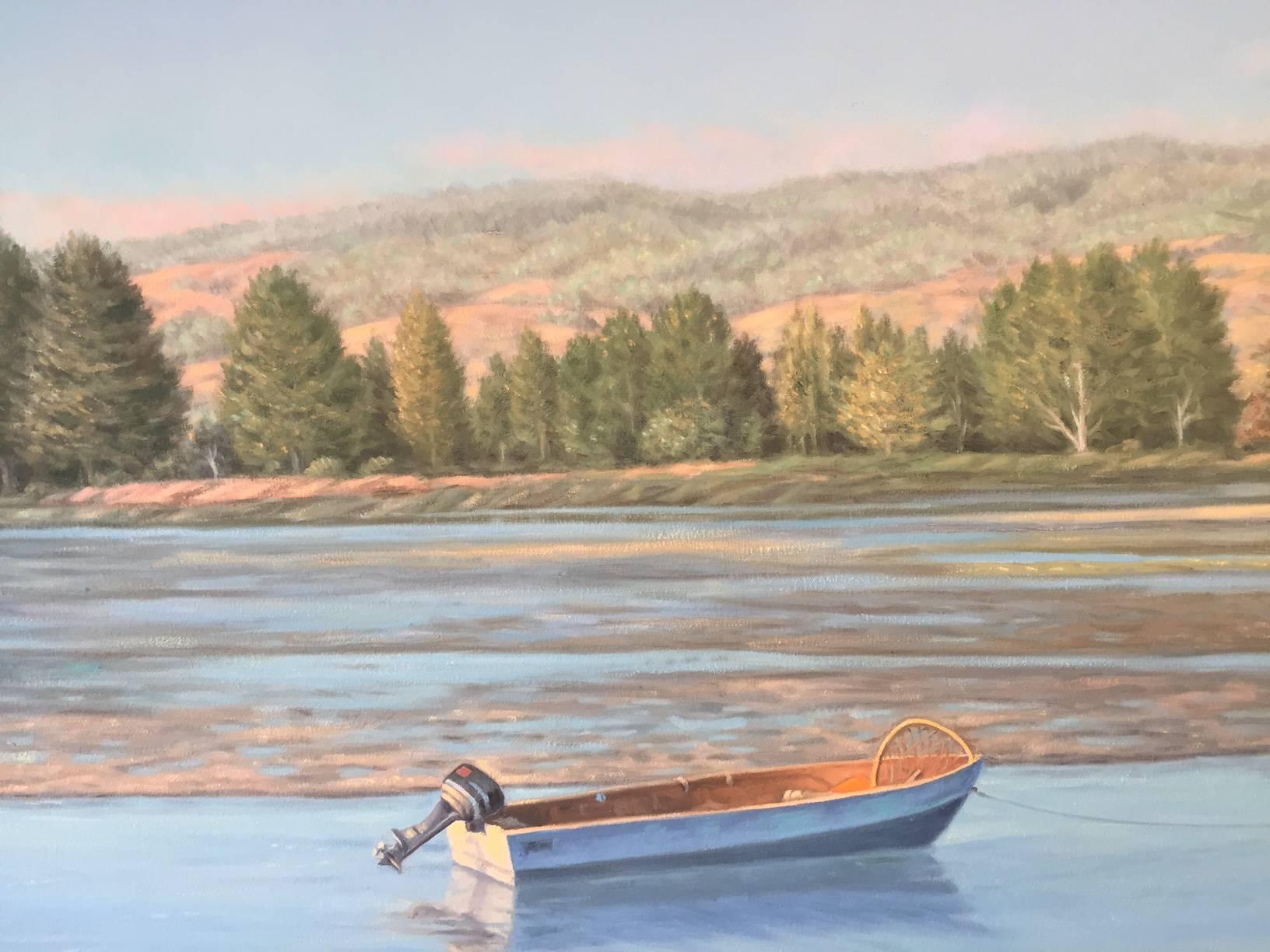 Bolinas Lagoon - serene blue sky and water painting - American Realist Painting by Willard Dixon
