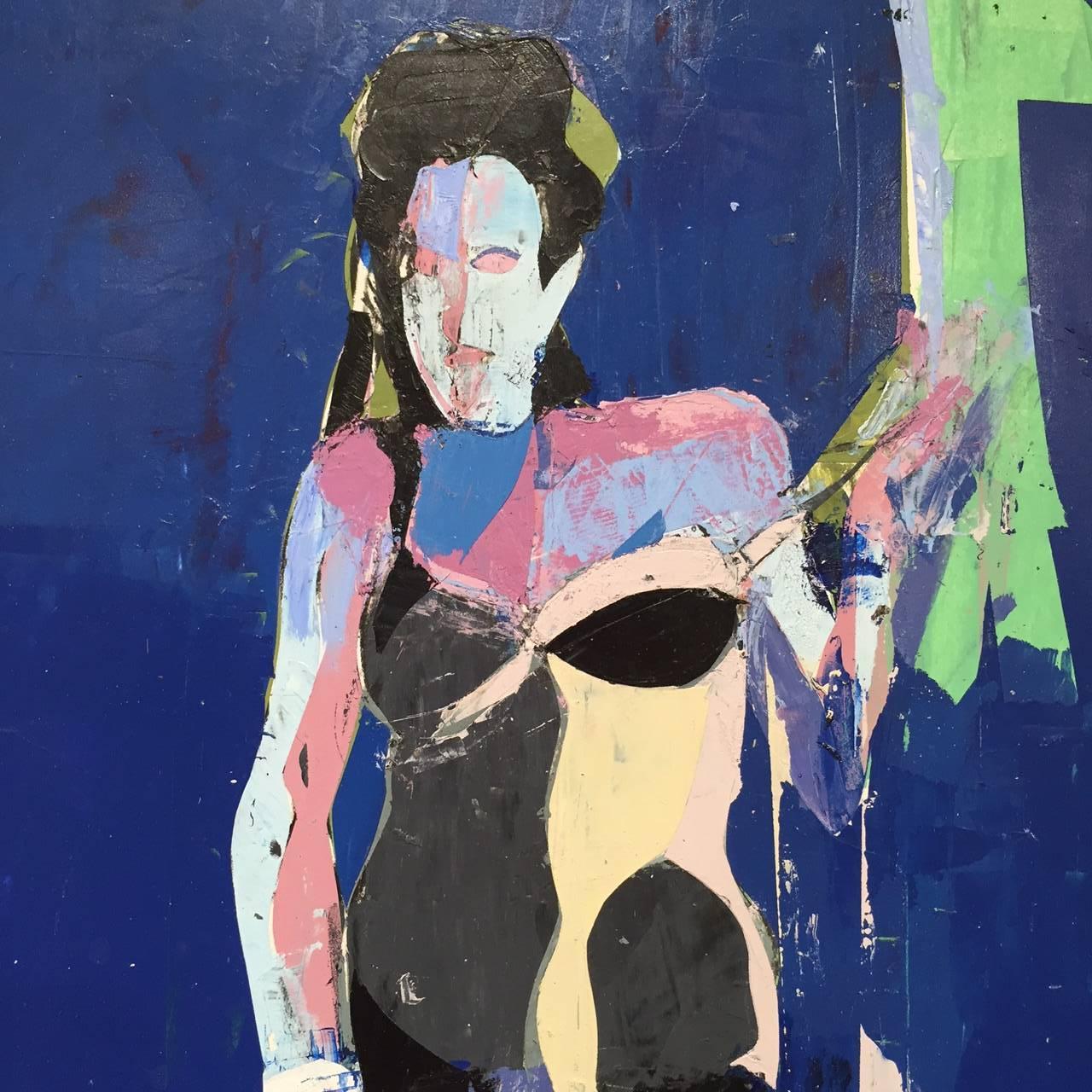 Abstract figurative nude painting in cobalt and electric blue and pink, from Kim Frohsin's 