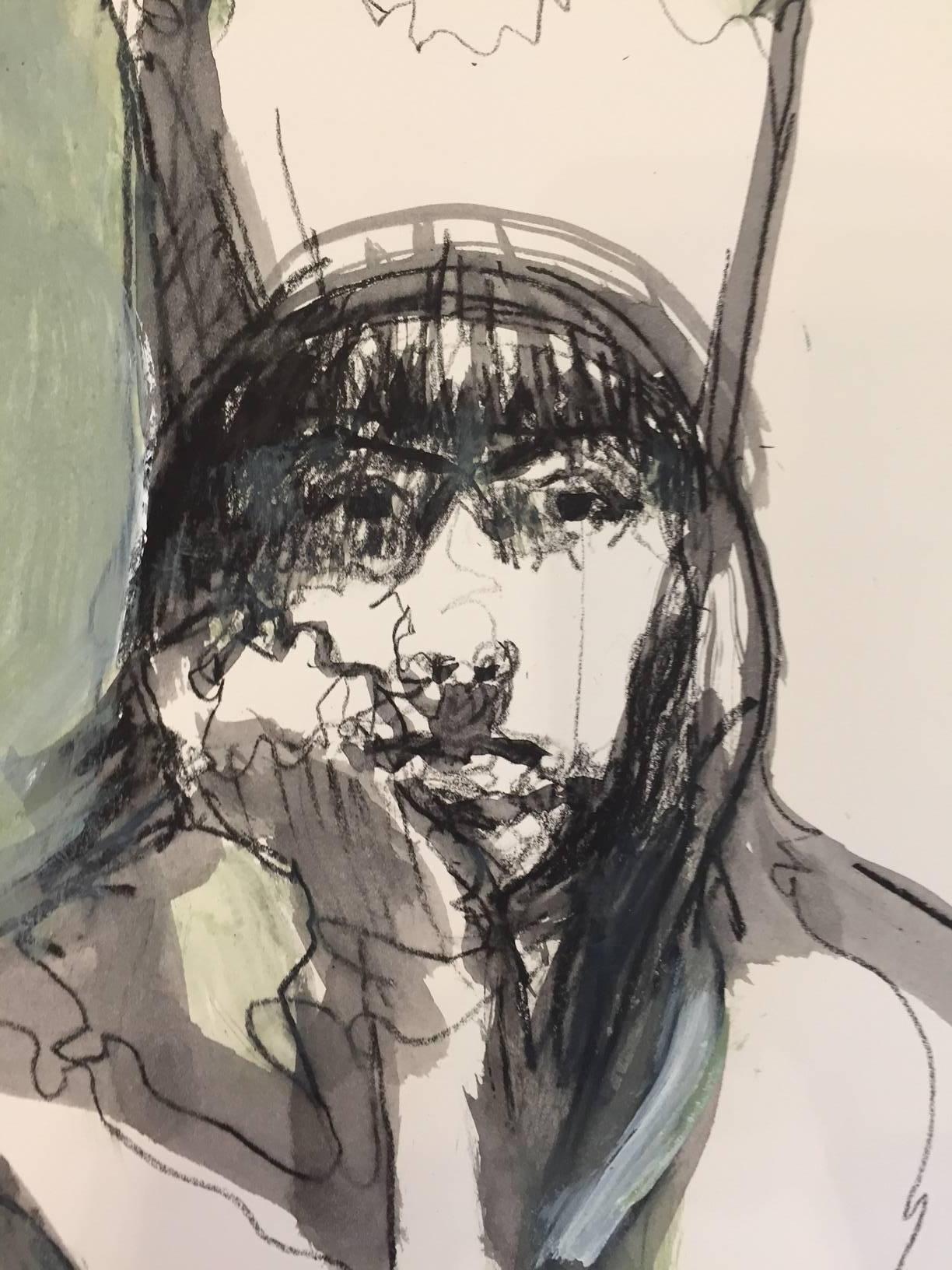 Provokantes Porträt einer jungen Frau, die eine Krone trägt und nachdenklich dreinschaut, von Kim Frohsin, die oft mit der figurativen Bewegung der Bay Area in Verbindung gebracht wird, in den Farben Seladongrün und Creme. Anfang der 1990er Jahre