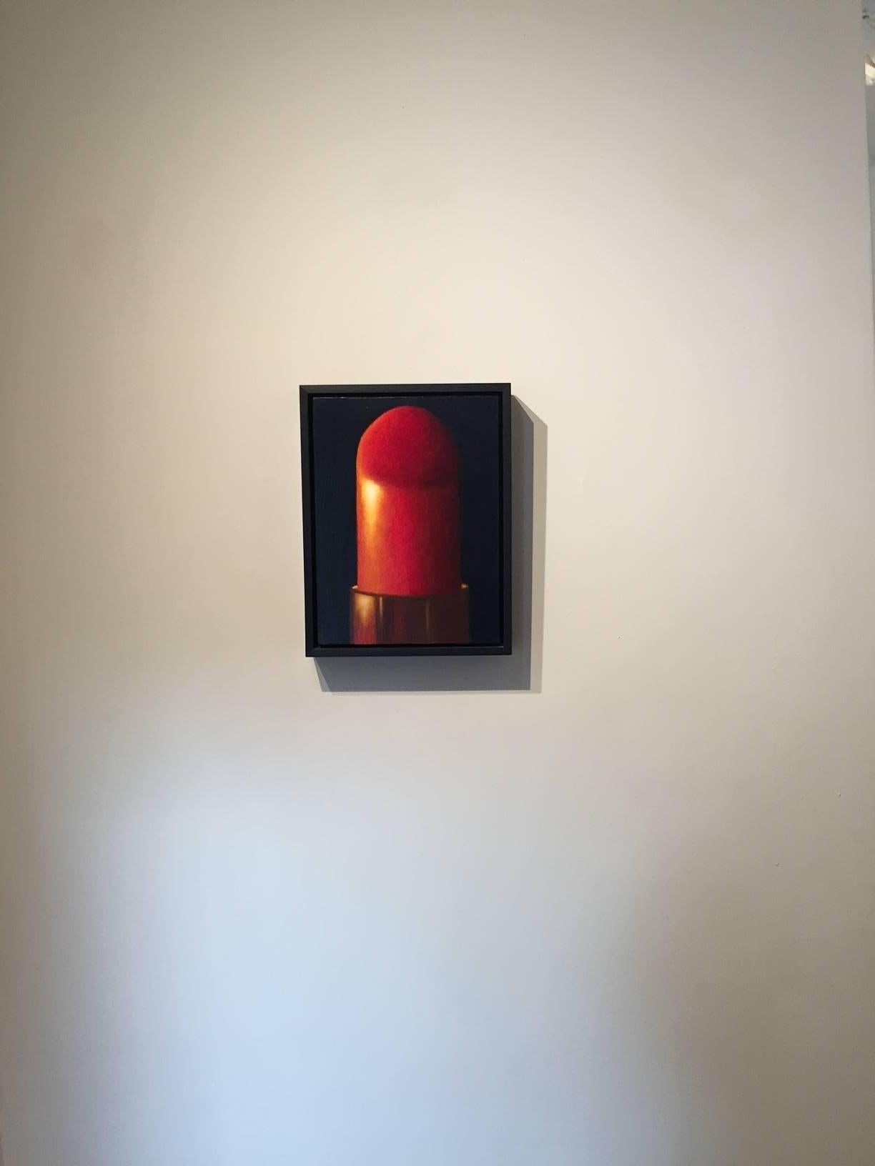Power Red  / oil on panel - lipstick - Black Still-Life Painting by Elizabeth Barlow