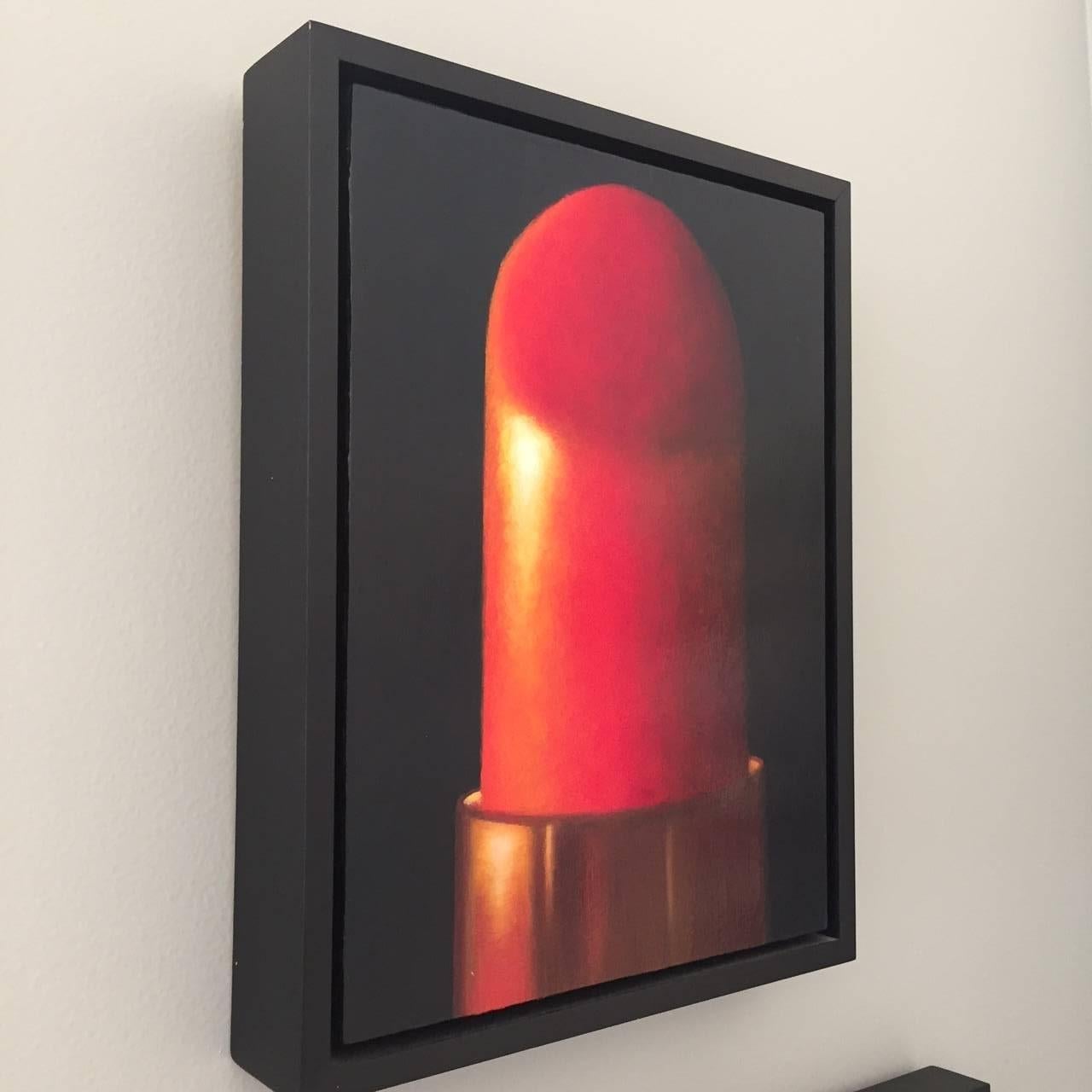 Red designer lipstick presented in this larger than life American realist work of art that also bridges abstraction. Drama, and the color red, star in this 12 x 9 inch oil on panel painting, from artist Elizabeth Barlow, who works in the spirit of