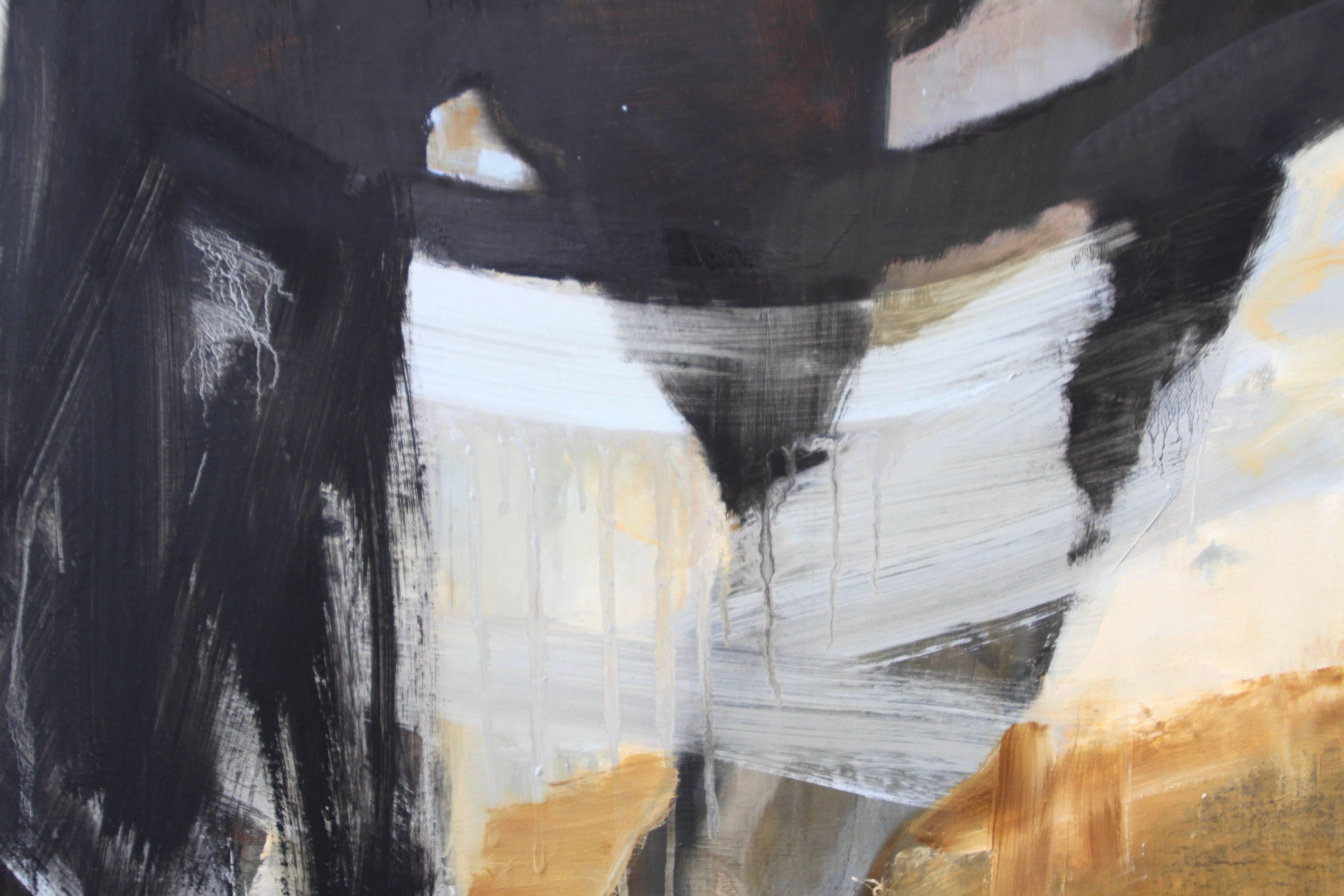 Equestrian painting of a horse in motion by Diana Tremaine, whose large-scale, dynamic, figurative oil paintings reflect a search for truth and meaning in the human experience. She develops brushstrokes and marks by adding and then obliterating some