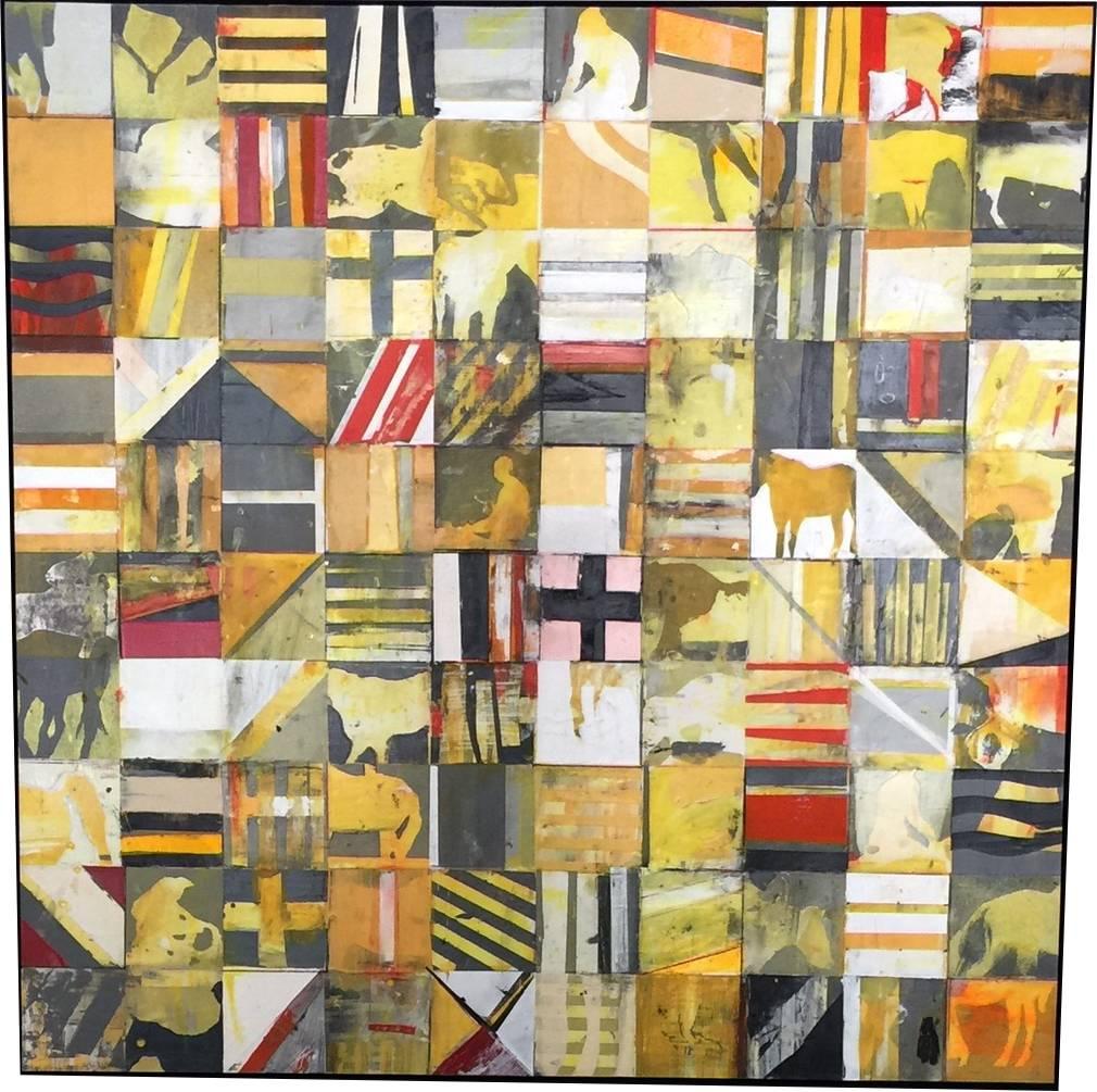 Complex and bold mixed media painting: acrylic with abstract horse motif. Orange, yellow red stripes and symbols painted in a grid. Media includes acrylic paint, ink, pencils, gouache, dry pigment and markers on museum board. Framed in a museum