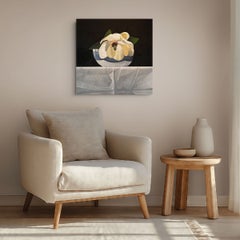 Magnolia in una ciotola blu, dipinto a olio contemporaneo su tela, senza cornice