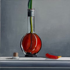 Messaggio in una bottiglia di sake, dipinto a olio contemporaneo su tela, 24x24