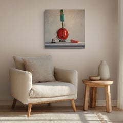 Messaggio in una bottiglia di sake, dipinto a olio contemporaneo su tela, 24x24