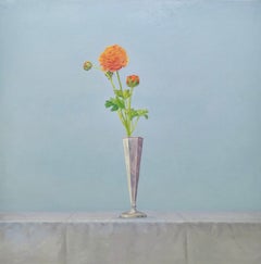 Renoncules dans un vase argenté, peinture à l'huile originale 48 x 48, signée