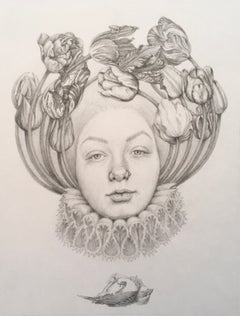 « Infanta Tulipmania », dessin au crayon de style réaliste, encadré, 9 x 7 pouces