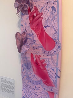 La Entrada 5, oil, acrylic gouache, crochet sculpture on maple wood skate deck