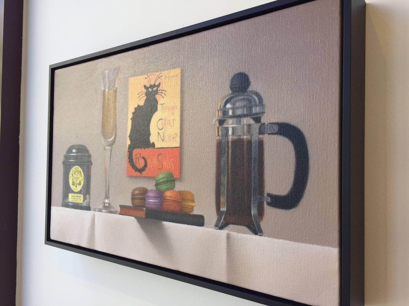 Paris / oil on linen with coffee and black cat - Brown Still-Life Painting by Mimi Jensen