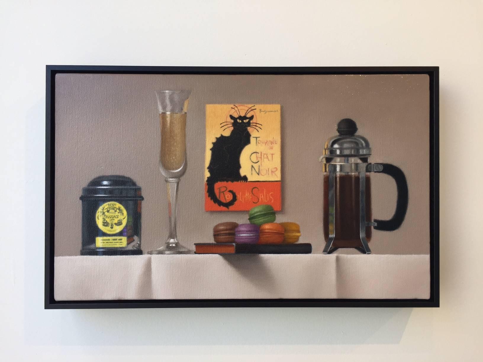 Paris / oil on linen with coffee and black cat - Painting by Mimi Jensen