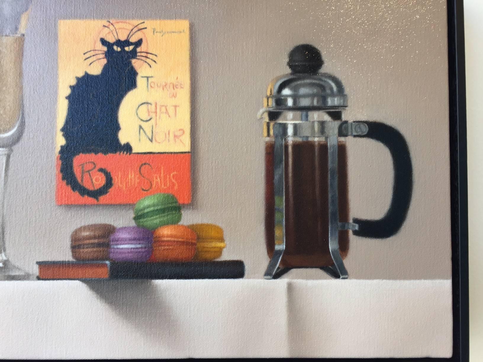 Flute of Champagne, French press coffee, tea tin, sweet macaron's and a classic Theophile-Alexandre Steinlen advertisement, are delightfully arranged in this sophisticated Mimi Jensen still life composition that is painted with oil on linen canvas.