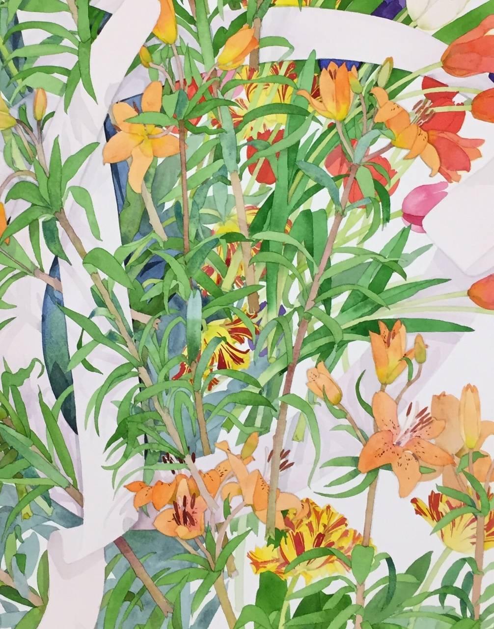 A floral celebration on a scale not typically associated with watercolor, the paper itself is 60 x 40 inches. With professional framing in maple, the outer dimension is  65 x 45 inches. Painted in 2017 by Gary Bukovnik. 

Bukovnik’s art conveys a