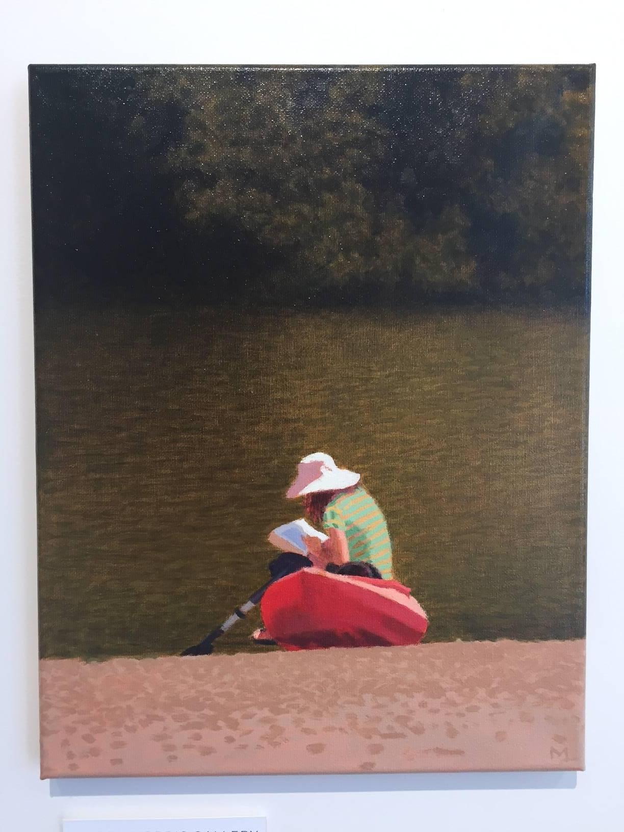 Woman and Red Kayak / figurative oil on canvas - Painting by Mary Robertson