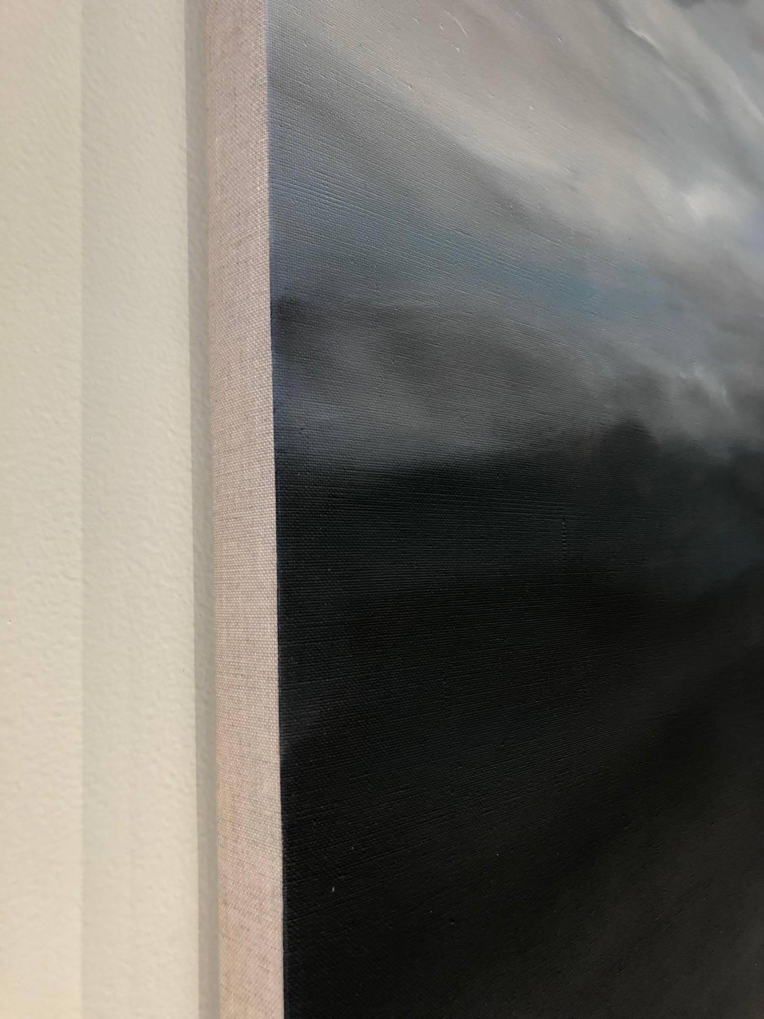 Drama at play in this sophisticated indigo grey land / ocean / sky-scape painting, featuring a stormy blue sky in the distance. Rich jewel like color over natural raw Belgian linen. Thin layers of oil paint create the shimmering and provocative work