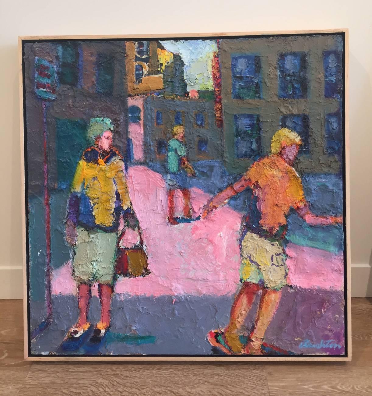 Bus Stop / oil on board - figurative pink - Painting by William Rushton