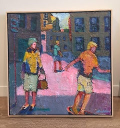 Bus Stop / oil on board - figurative pink
