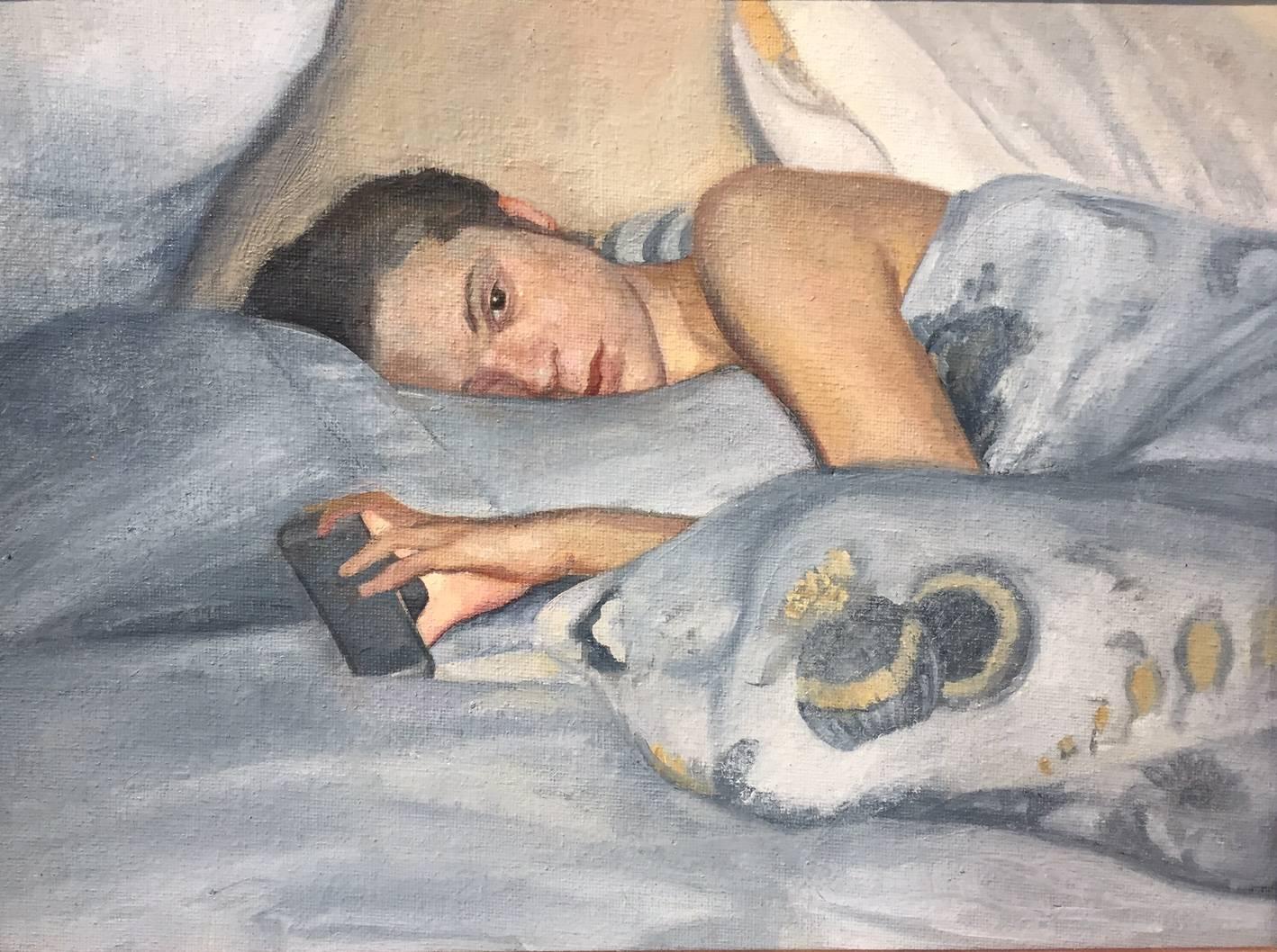 David Molesky Figurative Painting - Facetime - reclining figure with cel phone / iPhone - blue