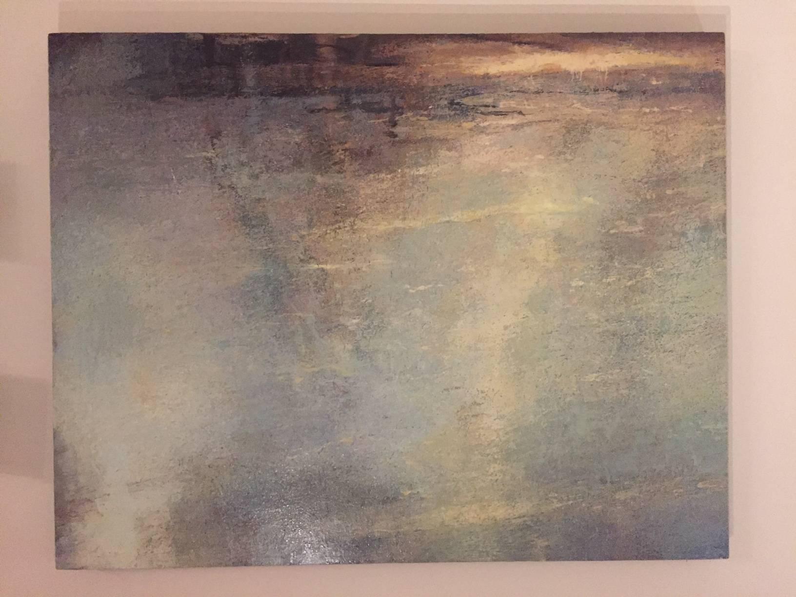 Étang au matin / huile sur lin sur bois - Marron Abstract Painting par Gail Chase-Bien
