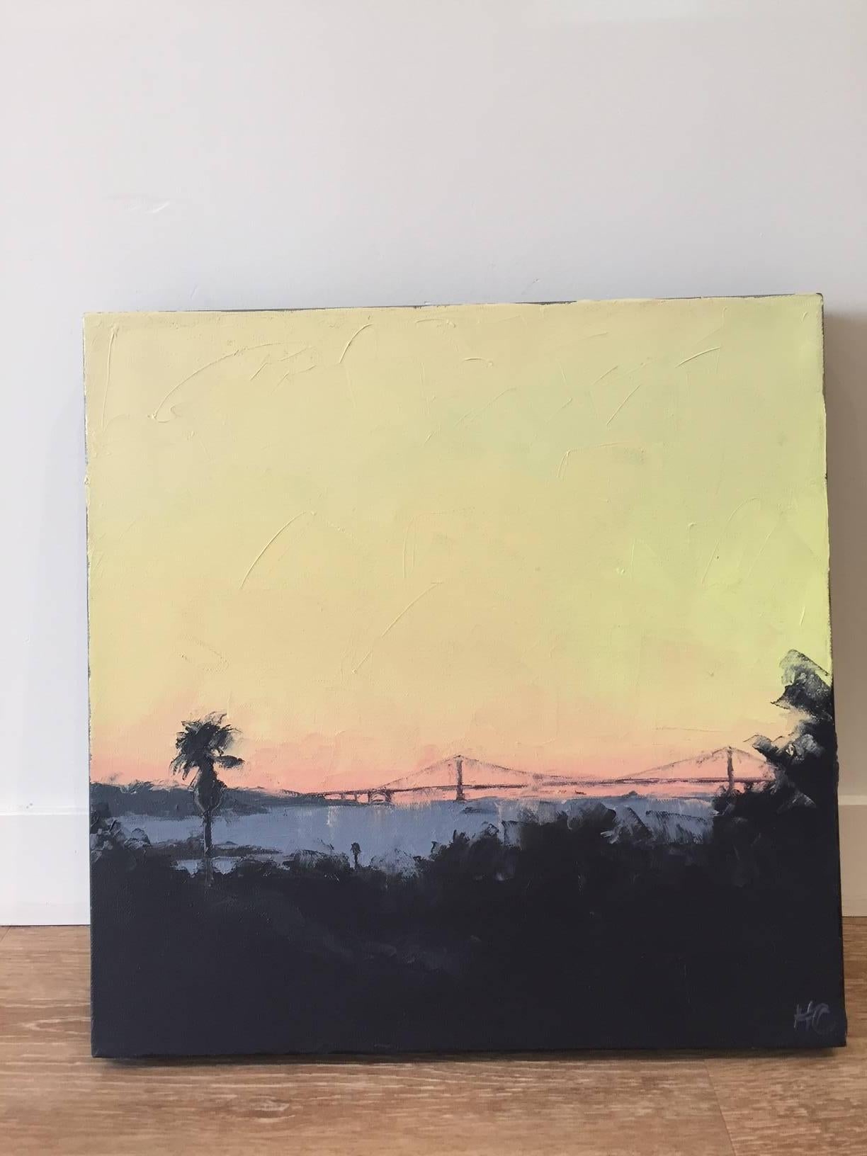 Golden Gate with Palm, with its yellow sky, Golden Gate Bridge and black urban skyline, from Heather Capen, whose oil paintings reflect her interest in the built environment, and the interplay between city life, nature and infrastructure. Responding