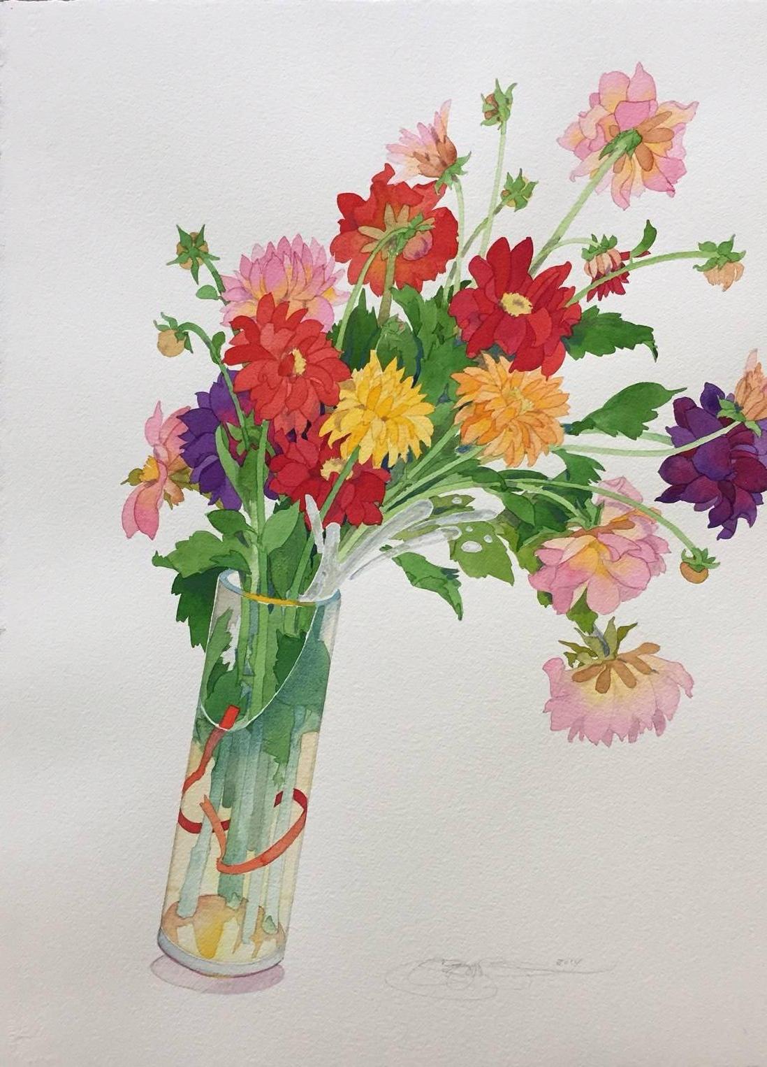 Gary Bukovnik Still-Life - Tipping Dahlia's / watercolor