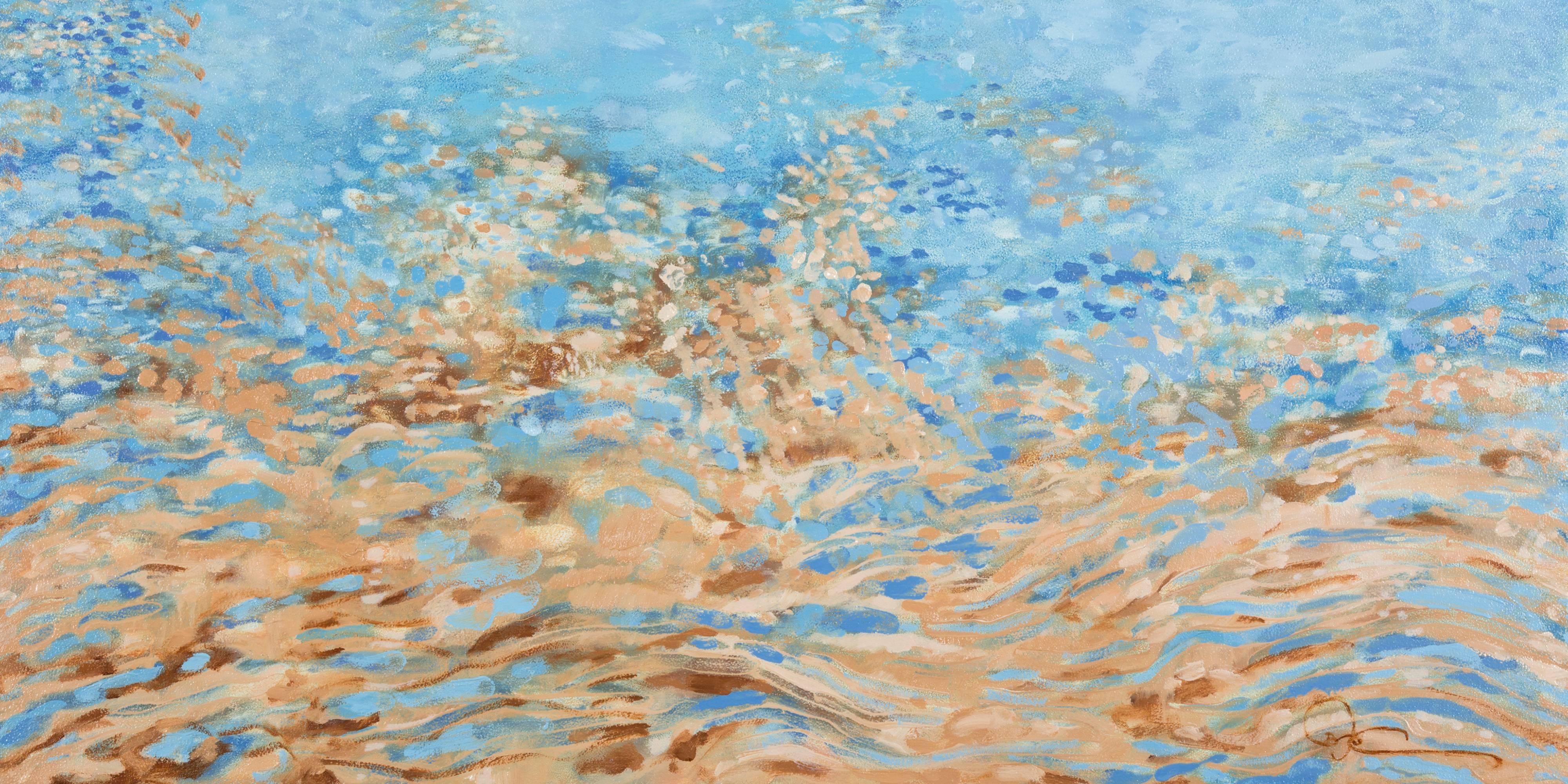 Abstract Impressionist water and sky painting with a minimal, clean feel that is awash with warm and cool tones. Betty Jo Costanzo immerses herself in coastal settings, taking in all of her senses: sight, sound, touch, taste, and smell. She records
