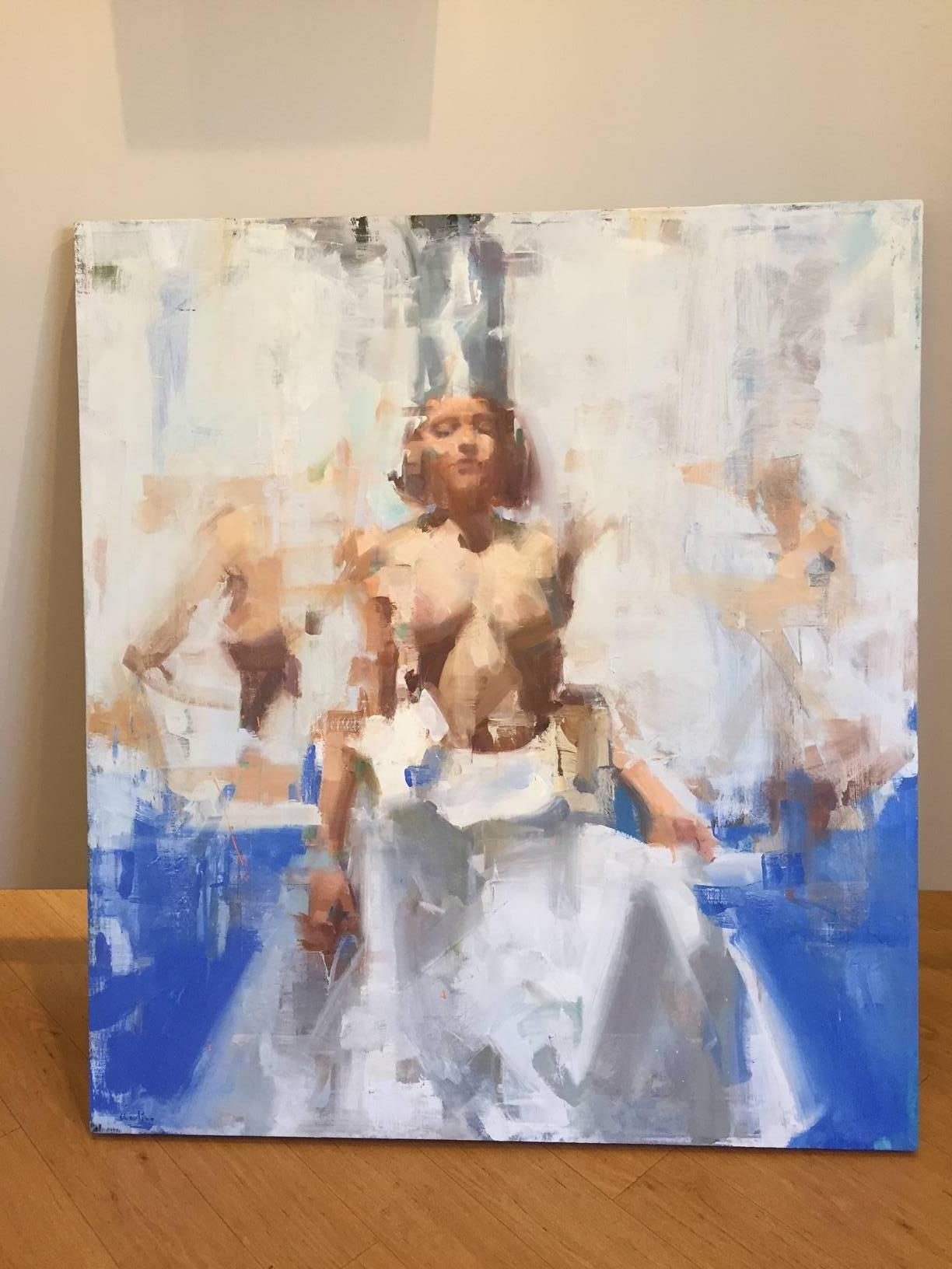 White Dress - figurative female semi nude beauty / abstract  realism  - Painting by David Shevlino
