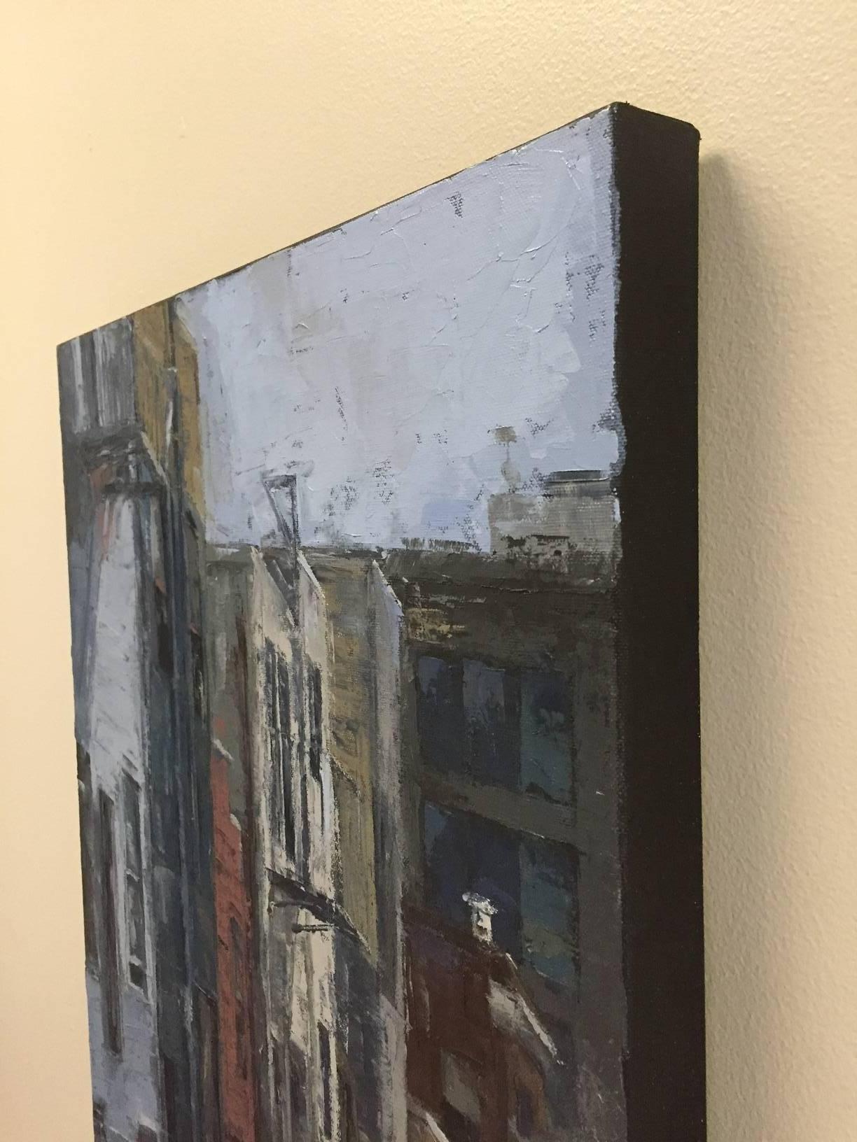 Taber Alley / oil on canvas - Gray Figurative Painting by Heather Capen