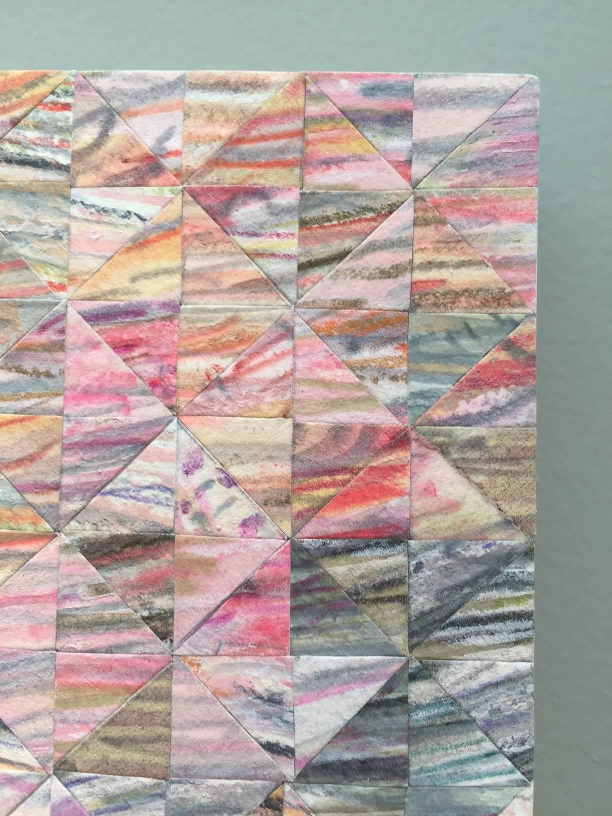 Musically inspired abstract painting on panel, 'Staccato II', by Irene Zweig, blends pink to grey into a horizontal meditative work of art. 13 1/2 x 39 inches. The painting is created on a professionally constructed, minimal, light wood panel that