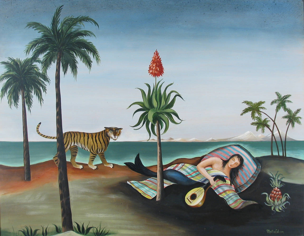 Martha Cahoon Figurative Painting - Sleeping Mermaid and Tiger