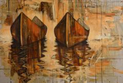 "Red Canoes" - Mixed Media Waterscape Painting 