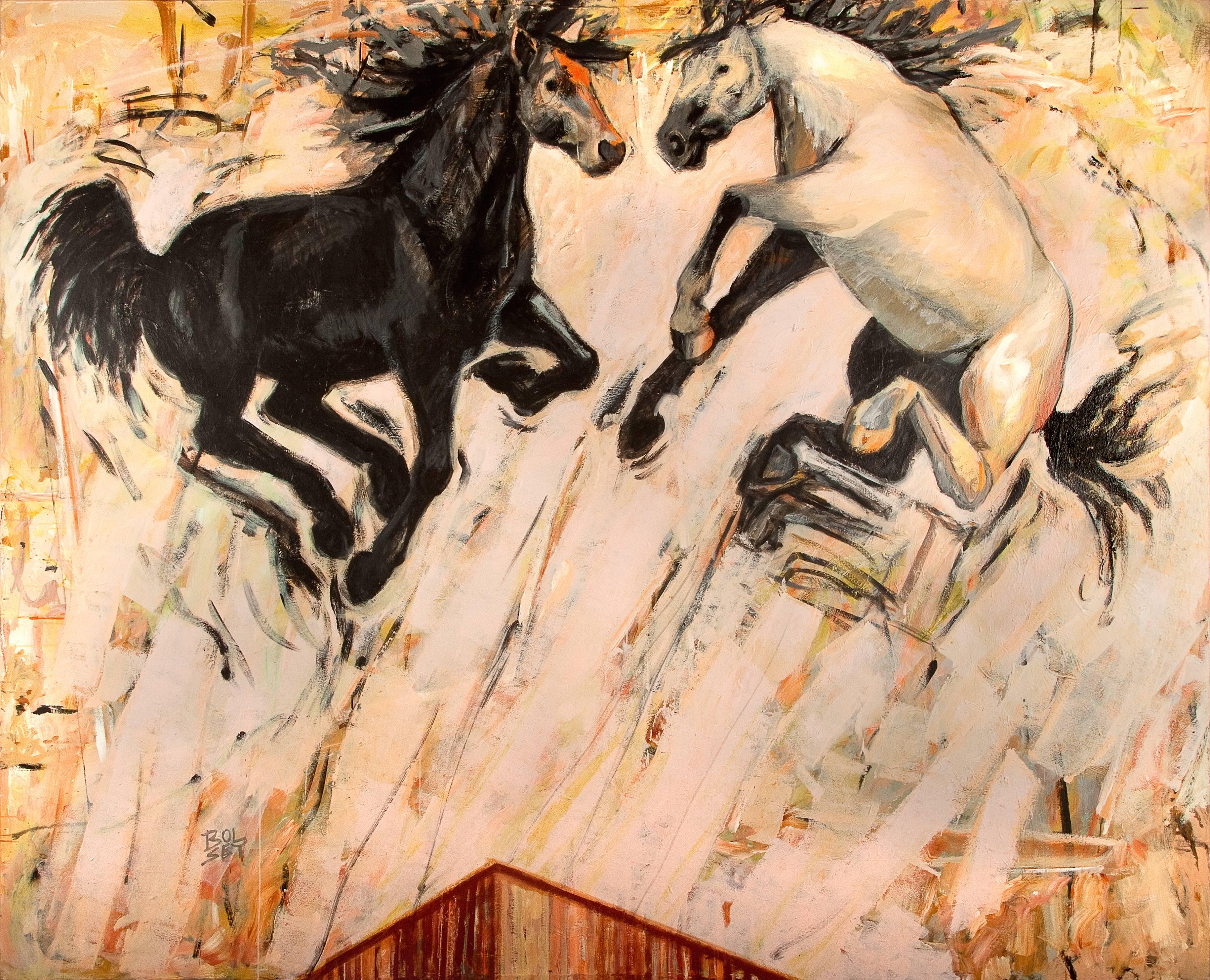 "Two Horse High" - Black and White Horse Painting  - Mixed Media Art by Carole Bolsey