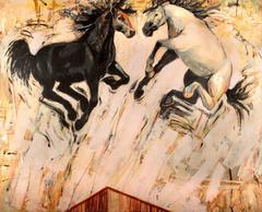 "Two Horse High" - Black and White Horse Painting 