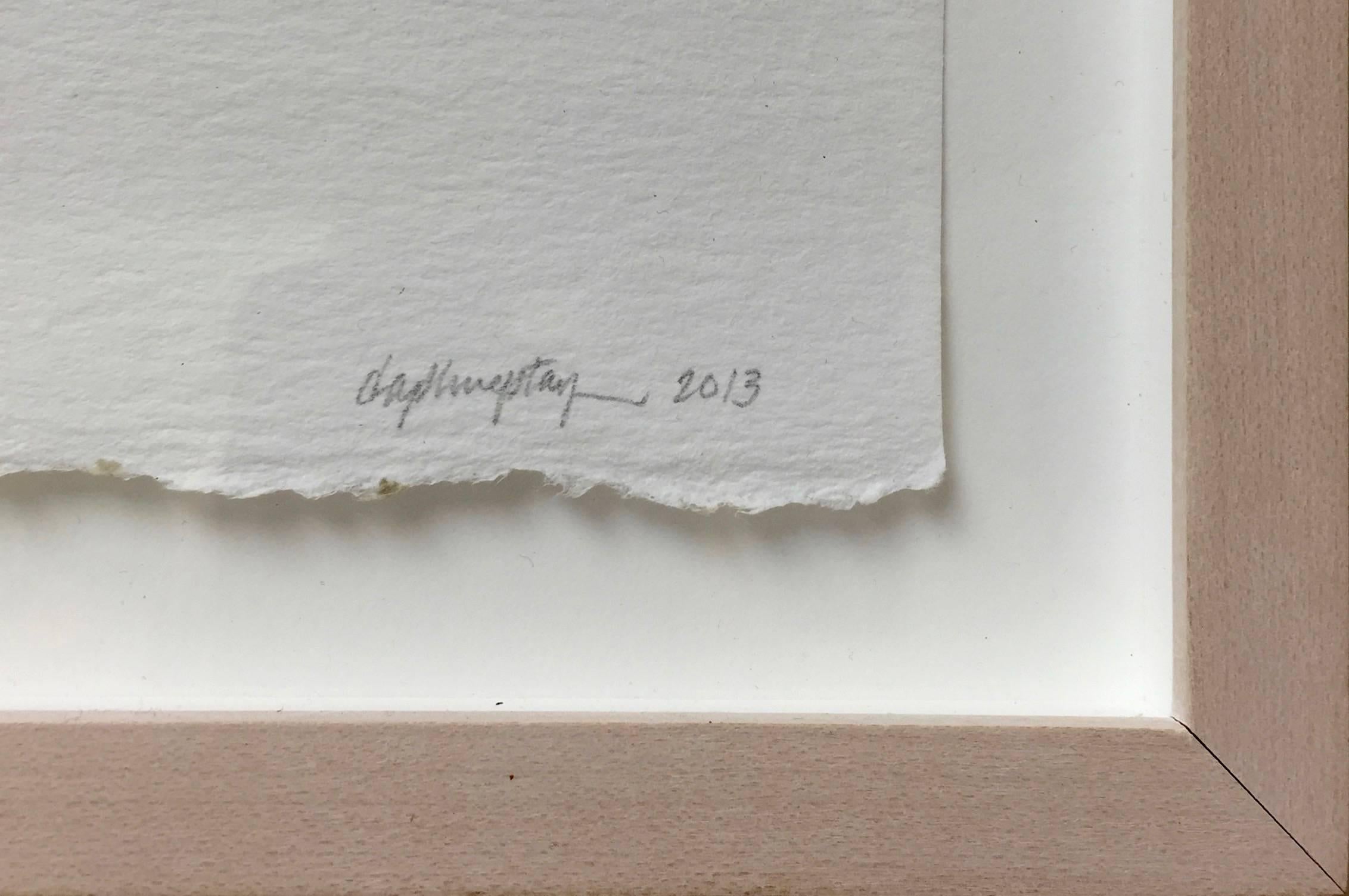 Daphne Taylor, "Contemplative Fragment Series #4", fabric fragment, metallic foil, graphite, hand stitched, mounted in paper, 4.75" x 5.5"
Framed in a white wood frame. Framed dimensions are 8.25" x 8.25". 

As part