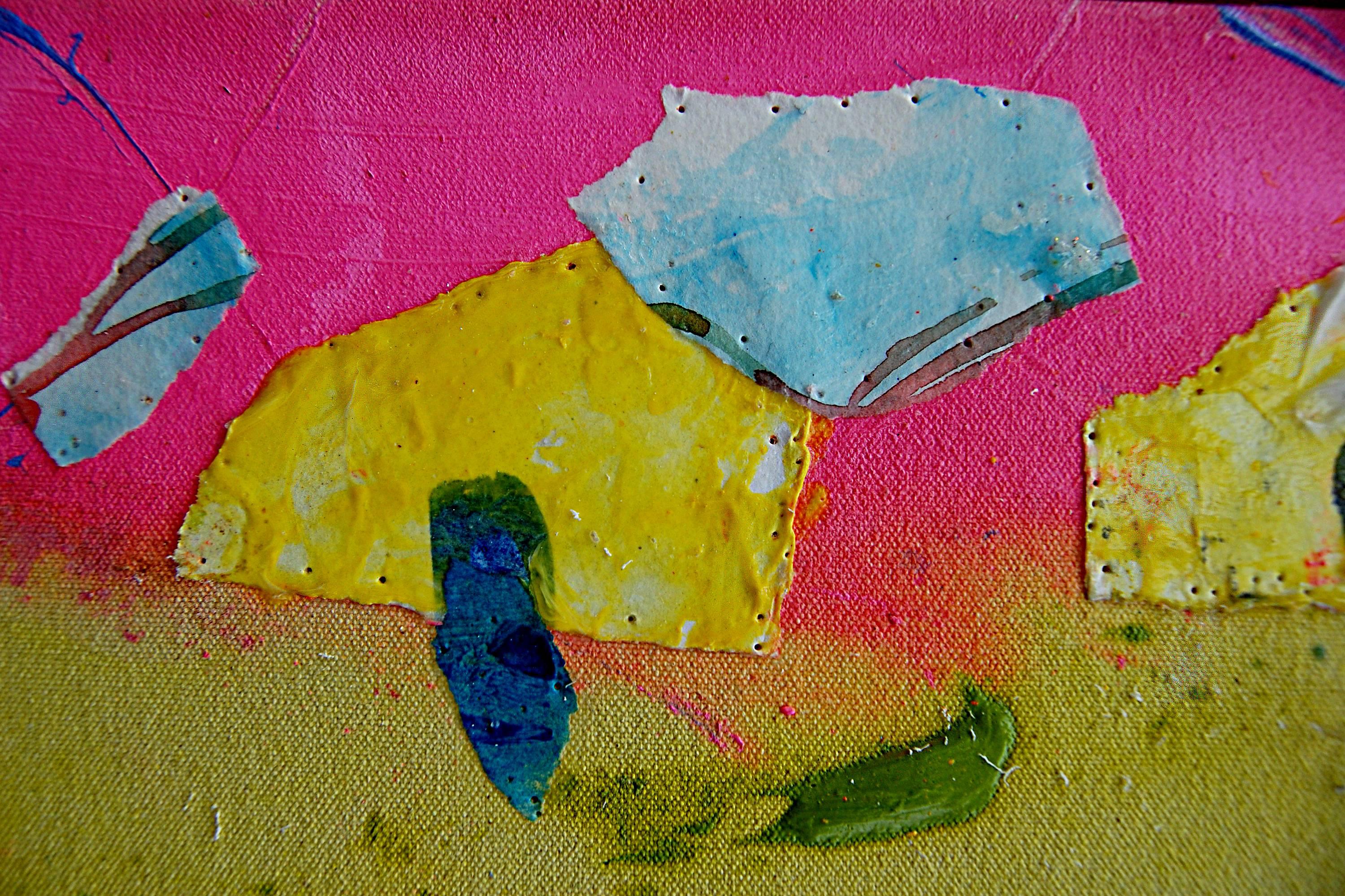 Arthur Yanoff, "Rapture of the King", 2011, Acrylic, pastel, and collage on canvas, 55.13" x 31.63"

"Rapture of the King" boasts bold layers of shades of yellow accented by collaged pinks, blues, and greens along the